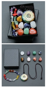 Detailed seven chakra healing crystal set with resin pendant and polished natural gemstones