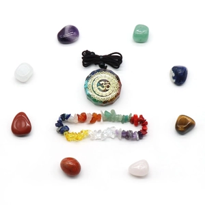Chakra crystal set with Om resin pendant, healing stone bracelet and 8 polished gemstones
