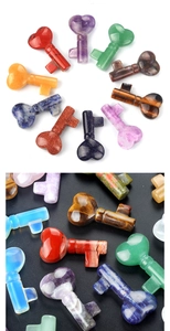 Polished natural crystal heart key carvings in amethyst, aventurine and tiger eye