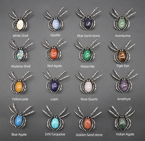 Detail showing 16 varieties of spider pendant jewelry with gemstone and shell inlays