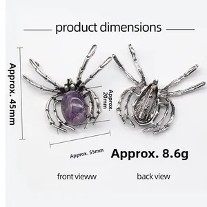 Macro shot of spider brooch with purple gemstone inlay and pin structure details