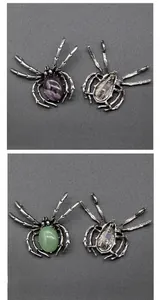 Macro view of spider brooch pendant with amethyst and aventurine stone in gothic style