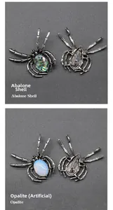 Detailed comparison of abalone shell and opalite spider brooches with silver alloy