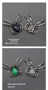 Detailed front and back views of spider brooch with synthetic malachite and blue sandstone