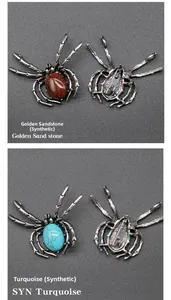 Detail view of spider brooch pendants with turquoise and goldstone inlay on alloy base