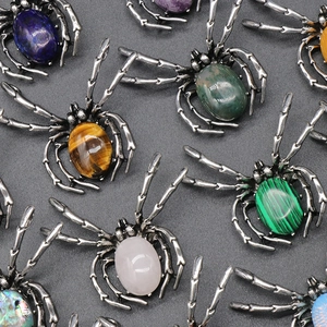 Spider pendant brooches with tiger eye, malachite, and crystal in retro silver alloy