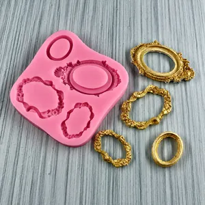Pink silicone mold for vintage mirror frame cake borders with gold embossed resin samples