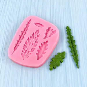 Pink silicone leaf mold for fondant cakes with 5 styles of plant textures and green leaf samples