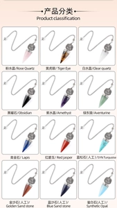 Macro view of 12 natural crystal hexagonal pendulum pendants with Eye of Providence metal charms