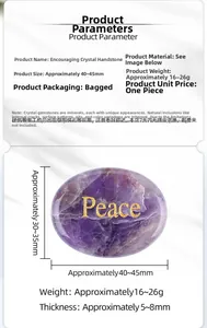 Detail view of oval purple crystal palm stone with golden Peace engraving and size specs