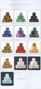 Detailed grid view of 15mm natural crystal dice in various semi-precious stones with gold dots