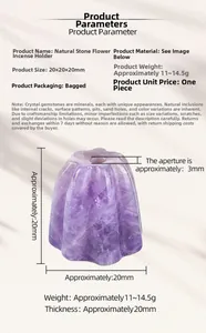 Macro shot of 20mm amethyst flower incense holder with natural stone texture and size data