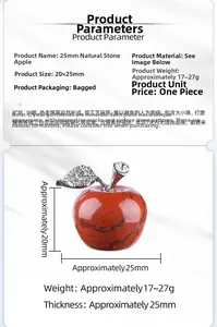 Macro detail of 25mm natural red stone apple ornament with rhinestone leaf and dimensions