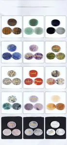 Detailed grid of 15 oval natural crystals and agate palm stones with gold engraved words