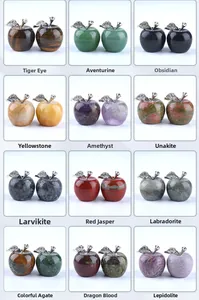 Matrix showing twelve natural crystal apple ornaments with metal leaves and rhinestones