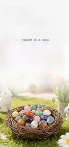 20mm natural crystal egg stones displayed in a bird nest on a bright green lawn