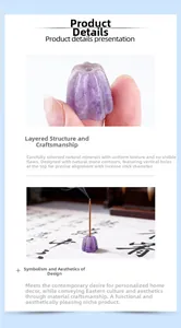 Macro detail of hand-carved natural amethyst flower incense burner in Zen desk setting