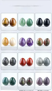 Detailed grid of 12 polished natural crystal egg carvings including Amethyst and Tiger Eye