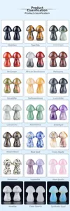 Detailed grid of 35mm natural crystal mushroom stones in 21 varieties of gemstones