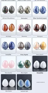 Detailed grid showing 14 natural crystal egg specimens including Rose Quartz and Agate