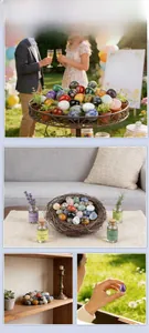 Detailed views of egg-shaped natural crystal stones in various decorative settings