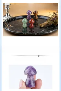 Detailed view of polished natural crystal mushroom figurines in various gemstones