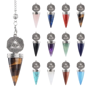 Natural semi-precious stone pendulum pendant with all-seeing eye engraving and silver chain
