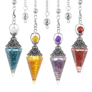 Four natural crystal energy dowsing pendulums with resin pyramid and silver chains
