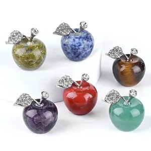 Natural Stone Crystal Apple Ornament With Rhinestone Alloy Leaf Polished Gemstone Mini Fruit Sculpture Christmas Decor Gift