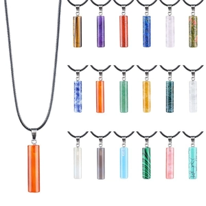 30mm natural crystal cylinder stone pendant necklace with black cord for women and men