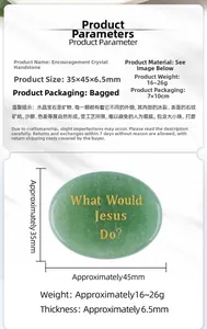 Detail view of WWJD engraved green aventurine palm stone showing 35x45mm dimensions