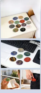 Polished natural crystal worry stones shown in various lifestyle and pocket scenarios