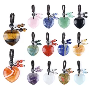 Porte-clés Cœur en Pierre de Cristal Naturelle Bijou de Sac Cœur Tressé à la Main Cristal de Guérison Décoration de Miroir de Voiture Cadeau