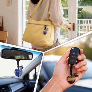 Porte-clés cœur en cristal naturel avec cordon tressé pour sacs et rétroviseurs