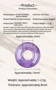 Detail of 14mm purple crystal abacus bead showing precise dimensions and hole size