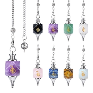 Natural crystal energy pendulum with golden Cho Ku Rei symbol and metal chain for meditation