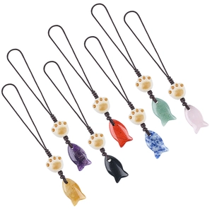 Handmade natural stone cat paw and colorful fish charms set with black woven cords