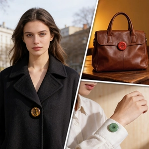 30mm natural stone buttons showcased on black wool coat, leather bag and white shirt sleeve