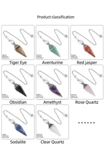 Macro display of assorted hexagonal crystal pendulums with silver floral metal caps