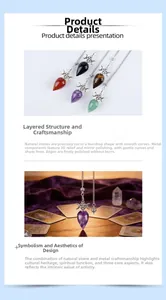 Macro view of natural crystal pendulum with Triple Moon relief and teardrop cut stone