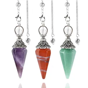 Natural Stone Hexagonal Cone Pendulum Pendant Necklace Antique Silver Alloy Flower Cap For Meditation Yoga Healing Jewelry