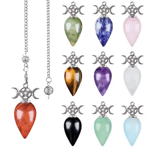Natural Stone Dowsing Pendulum Triple Moon Pentagram Pendant Necklace For Meditation Yoga Spiritual Healing Wicca Jewelry