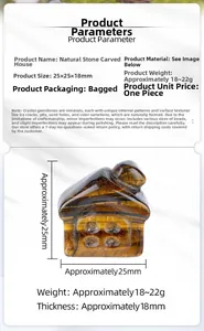 Macro shot of tiger eye stone house carving with dimensions 25x25x18mm on white background