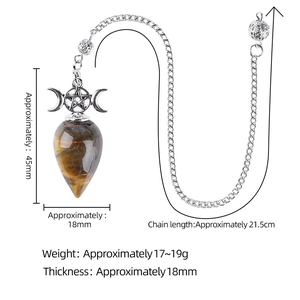 Tiger Eye Crystal Pendulum for Divination with Triple Moon Goddess Symbol and Sizing Details