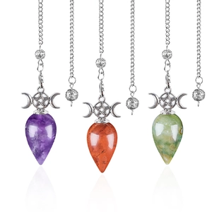 Three crystal cone pendulum pendants with silver triple moon symbols and metal chains