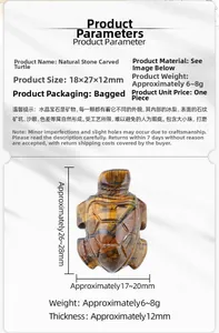 Macro detail of natural tiger eye stone carved turtle showing stripes and dimensions