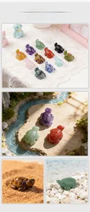 Macro display of diverse natural crystal turtle figurines for desktop and garden scenery