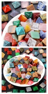 Macro shot of assorted natural crystal and semi-precious stone pyramids in various colors