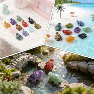 Set of 1-inch natural crystal sea turtle figurines carved from quartz and agate gemstones