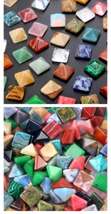 Macro detail of various polished pyramid-shaped natural crystals and gemstones